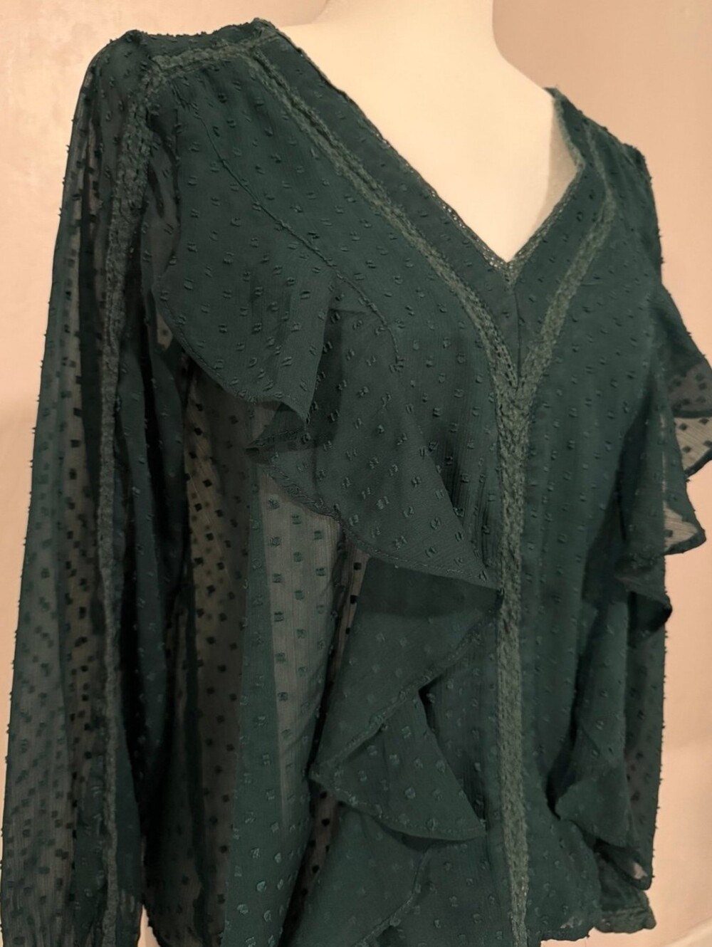 Zara Green Ruffle V-Neck Sheer Blouse - Picture 4 of 5